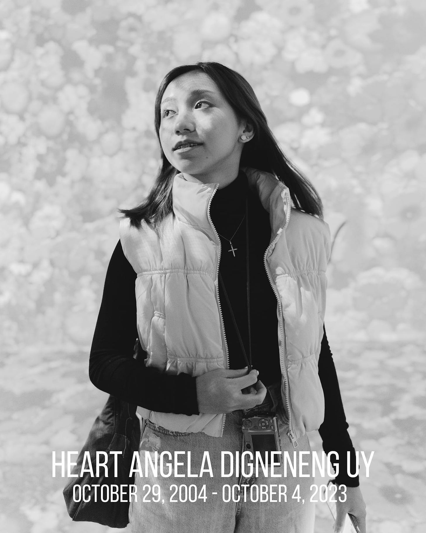 May be a black-and-white image of 1 person, heart and text that says 'HEART ANGELA DIGNENENG UY OCTOBER 29 2004 OCTOBER 4, 2023'