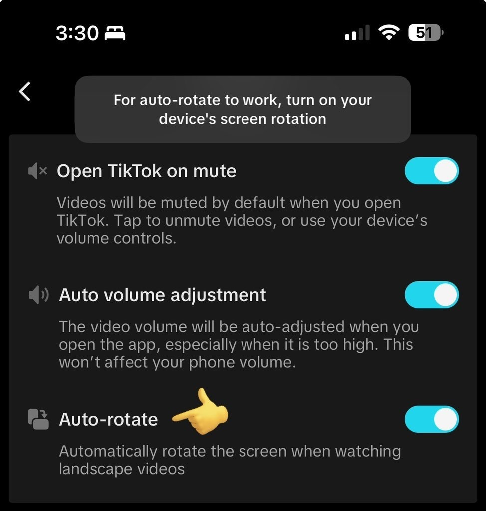 Photo by Jonah Manzano🌟 on September 20, 2024. May be a Twitter screenshot of phone, timer and text that says "3:30 5 For auto-rotate to work, turn on your device's screen rotation Open TikTok on mute Videos will be muted by default when you open TikTok. Tap to unmute videos, or use your device's S volume controls. Auto volume adjustment The video volume will be auto adjusted when you open the app, especially when it is too high. This won' won'taffect affect your phone volume. Auto-rotate Auto-r Automatically rotate the screen when watching landscape videos".