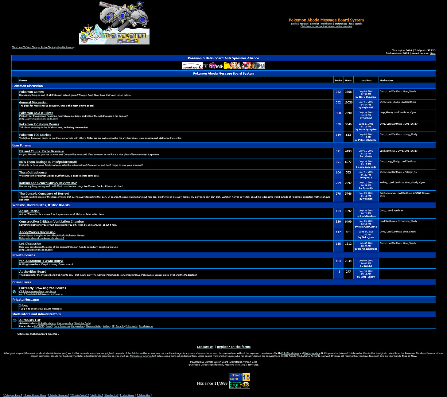 Pokemon Abode's forum, from August 2001