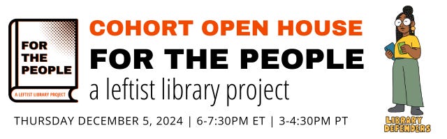 A graphic for the Libraries For The People Cohort opening, including a woman holding two books, with the phrase "library defender" under her.