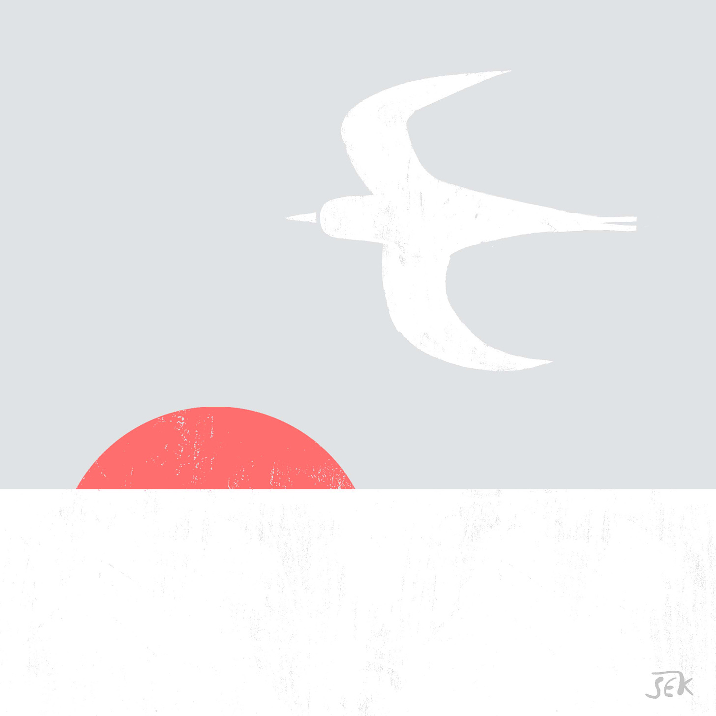 Drawing of an Arctic Tern flying over the ice toward an orange sun.