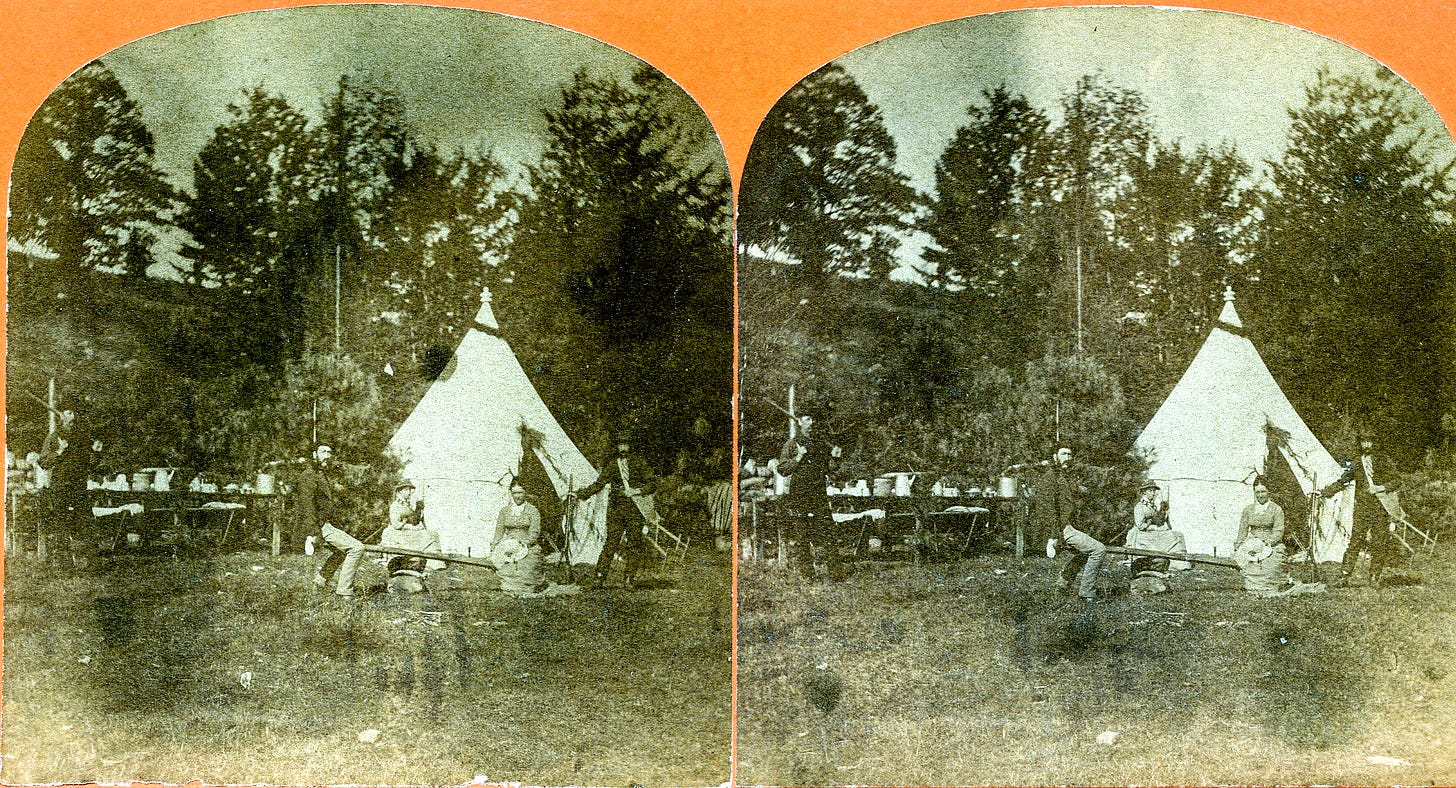 a stereoscopic image of a tent and campers