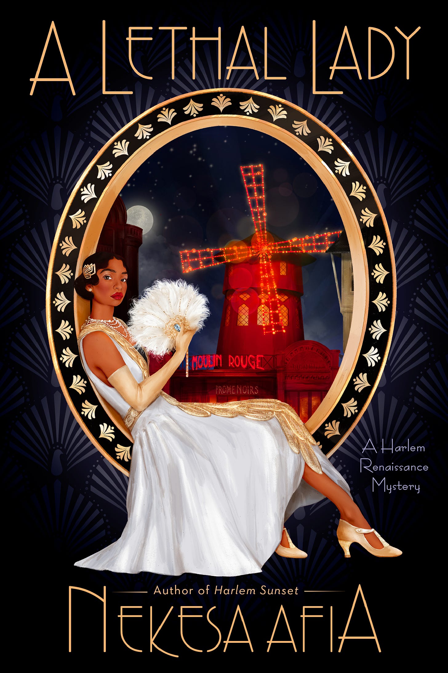 (Navy blue background with illuminated peacocks. A Black woman wearing a white dress and holding a white feathered fan glares at the reader. She is sitting at the bottom of an oval, and behind her is the Moulin Rouge.)