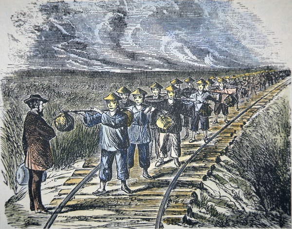 Charles Crocker (1822-88) and his Chinese workforce constructing the Central Pacific Railroad, completed 1869 (colour litho) by American School
