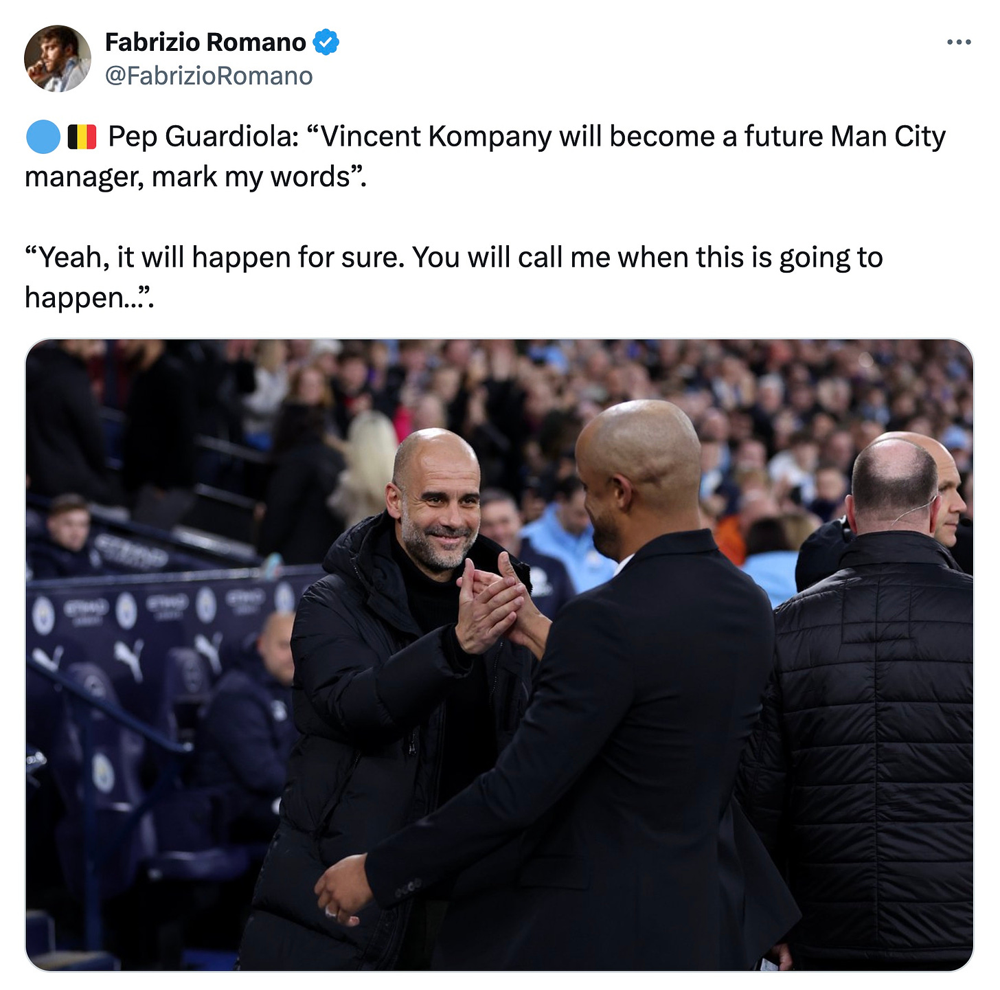 A tweet by Fabrizio Romano about Pep Guardiola tipping Vincent Kompany as a future Man City manager