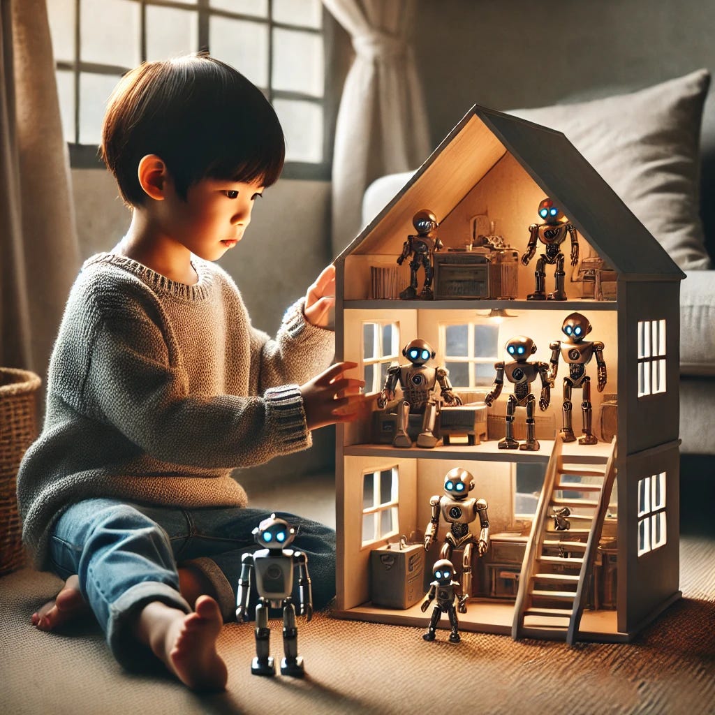 A young child with short dark hair and light skin, wearing a cozy sweater and jeans, sits on the floor playing with a wooden dollhouse. The dollhouse is illuminated from within and filled with small humanoid robots with glowing blue eyes. Some robots are standing on different levels inside the house, while one is on the floor near the child's feet. The room is softly lit, with a large window in the background allowing natural light to filter in. A couch and a woven basket are visible in the background.