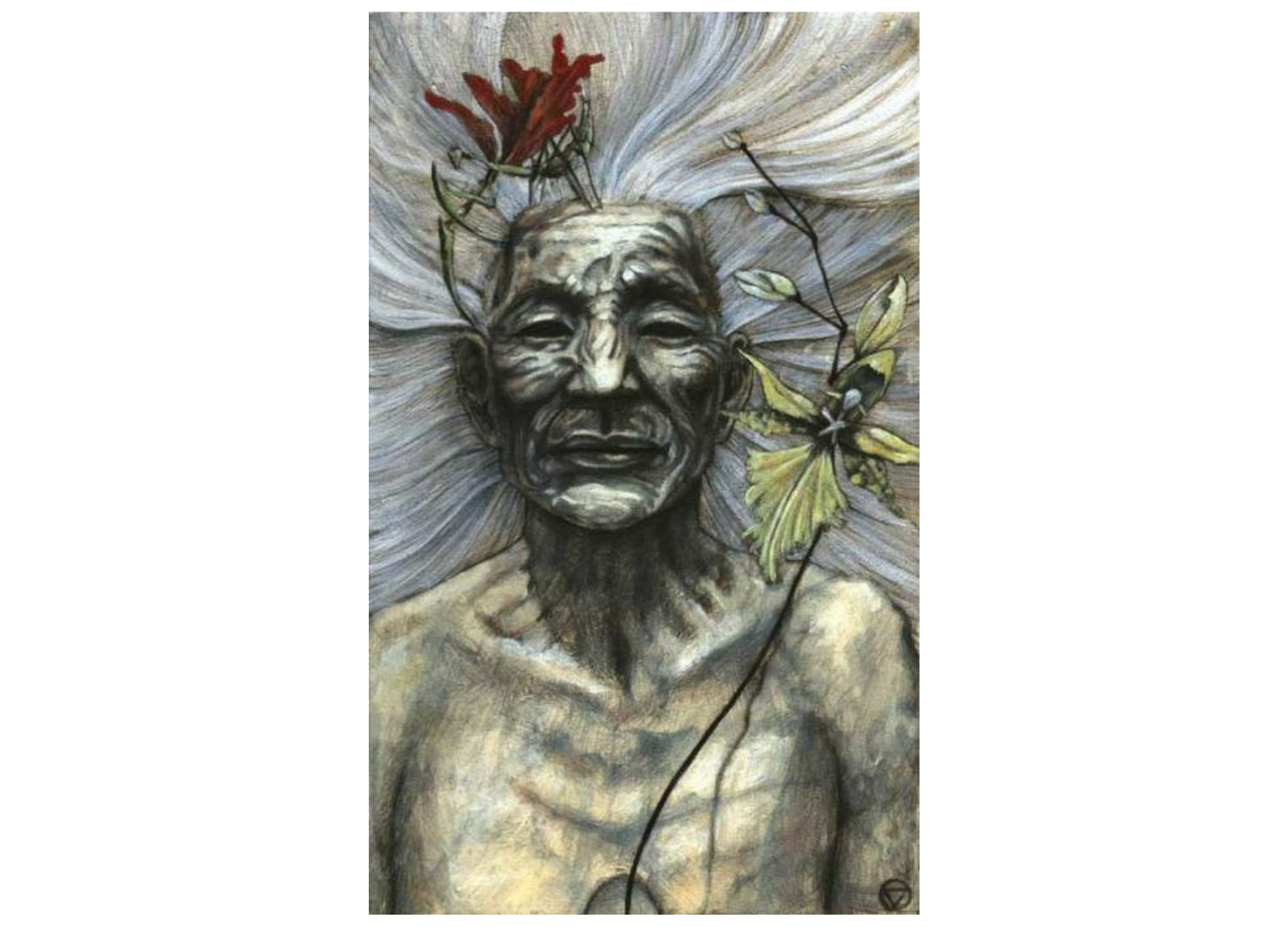 An image of an old woman with white and blue skin and white hair flying out and trees and vines around her. She is covered in wrinkles. 