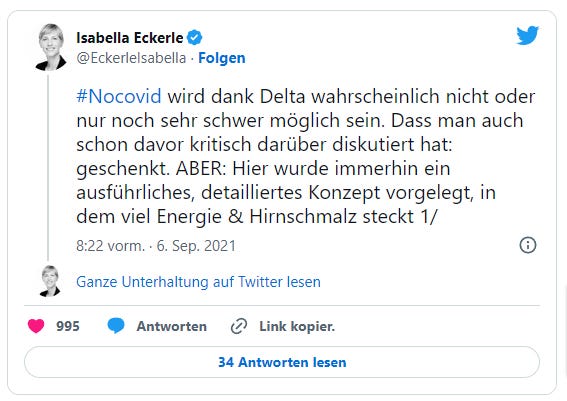 Isabella Eckerle auf X am 6. September 2021: "#Nocovid wird dank Delta wahrscheinlich nicht oder nur noch sehr schwer möglich sein. Dass man auch schon davor kritisch darüber diskutiert hat: geschenkt. ABER: Hier wurde immerhin ein ausführliches, detailliertes Konzept vorgelegt, in dem viel Energie & Hirnschmalz steckt 1/"
