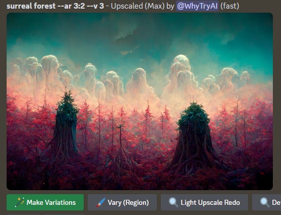 Midjourney Discord interface with a surreal forest made in V3