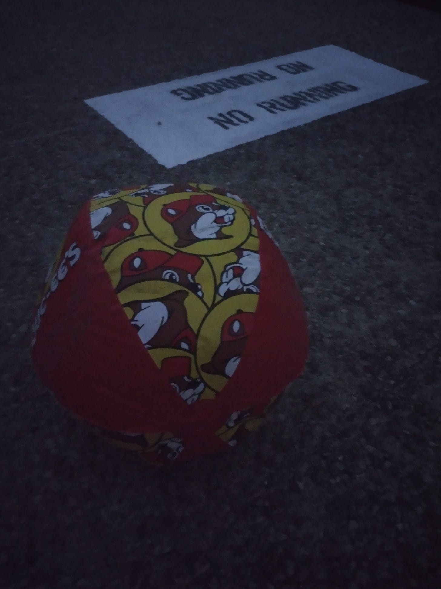 Blow up beach ball from Buc-ee's, with repeated pattern of a beaver wearing a baseball cap