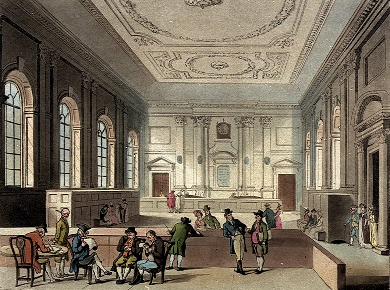 South Sea House Dividend Hall depicts people in a large hall, dressed in victorian formal wear, as they conduct business