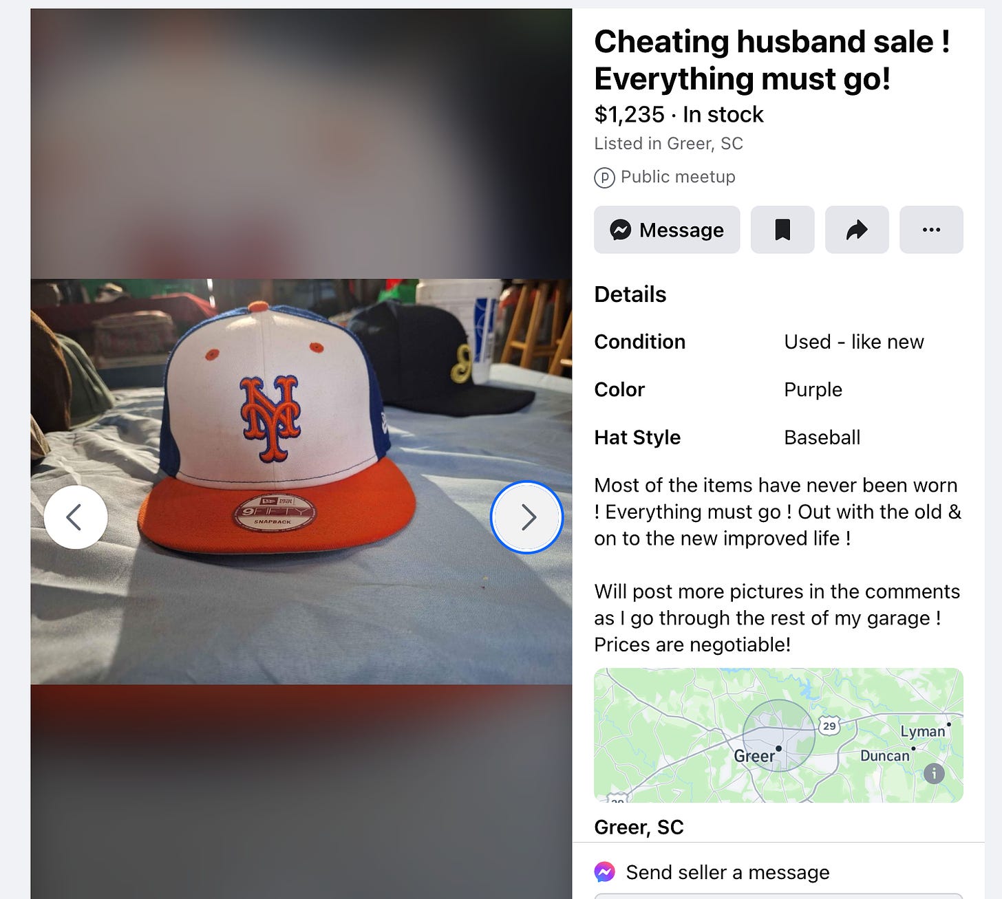 facebook marketplace listing titled "cheating husband sale! everything must go". photo of a mets hat