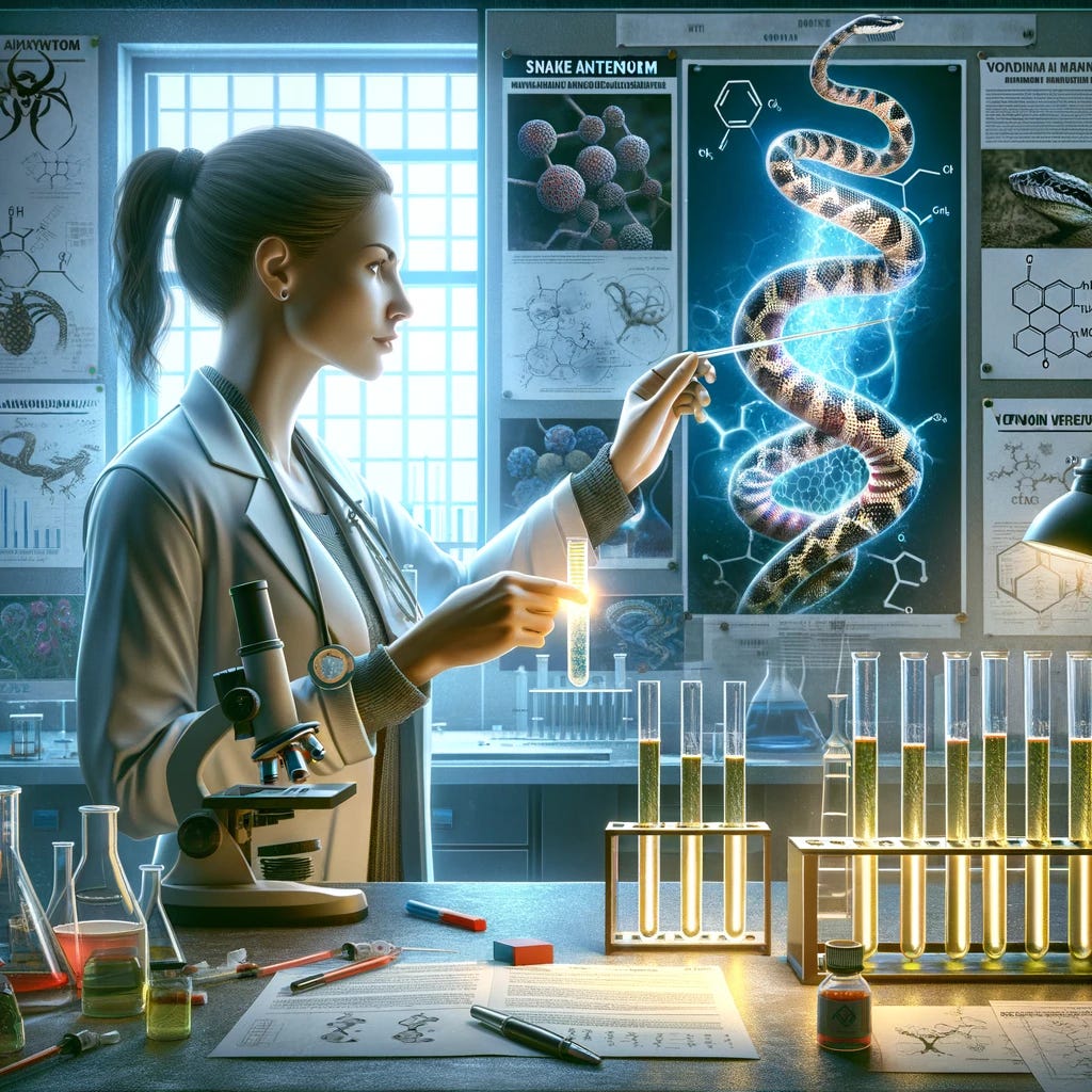 Visualize a female scientist in a laboratory focusing on the development of snake antivenom. The image should feature a dedicated researcher examining a glowing serum inside a test tube, indicative of a potential antivenom solution. The lab is well-equipped with scientific instruments like microscopes, pipettes, and detailed notes on venom research. Posters of various snakes and their molecular structures related to antivenom development adorn the walls. This setting represents the meticulous effort in antivenom research, showcasing a blend of dedication, science, and hope against snake venom threats.