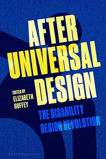A close-up of the blue Accessible Icon project - an energetic, forward-pushing wheelchair user icon - with the book’s title in bold, all-caps letters, yellow and light blue.