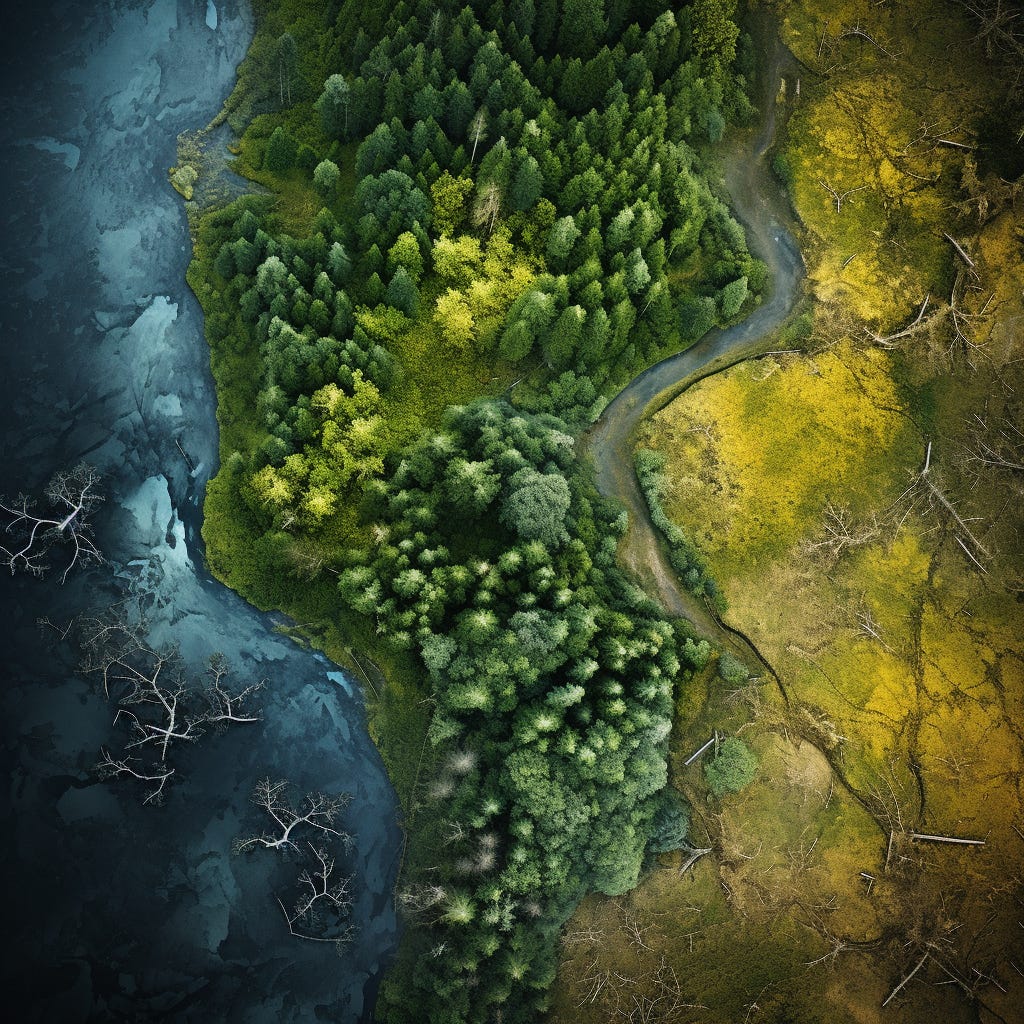 AI-generated satellite image, conifer forest merges with wetlands of undulating topography