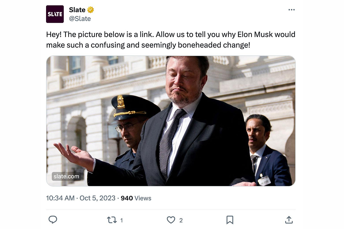A screenshot of a Slate tweet to show that article links no longer display headlines, just a photo.
