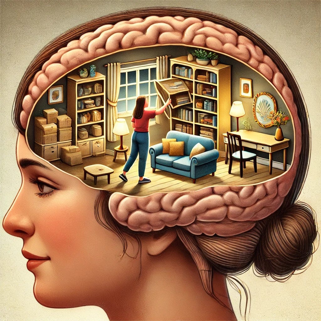 A detailed illustration of a woman's brain depicted as a living room. Inside the brain, there is a person rearranging furniture such as a couch, table, and bookshelf. The brain's interior should resemble a cozy, well-decorated living room with soft lighting and warm colors. The person should be in the process of moving a piece of furniture, symbolizing thoughts and ideas being organized. The background should be neutral to keep the focus on the brain-living room concept.