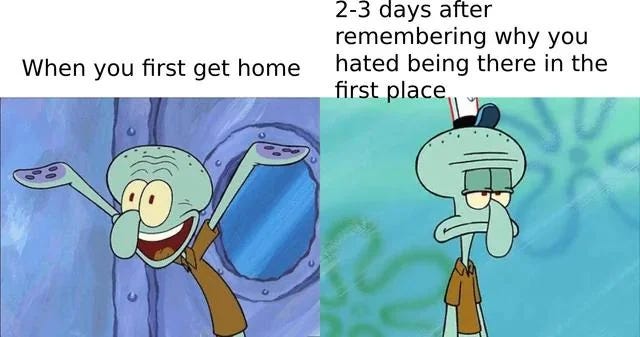 On the left, Squidward happily throws his arms in the air with a big smile. Caption: When you first get home. On the right, Squidward is sad and droopy. Caption: 2-3 days after remembering why you hated being there in the first place.