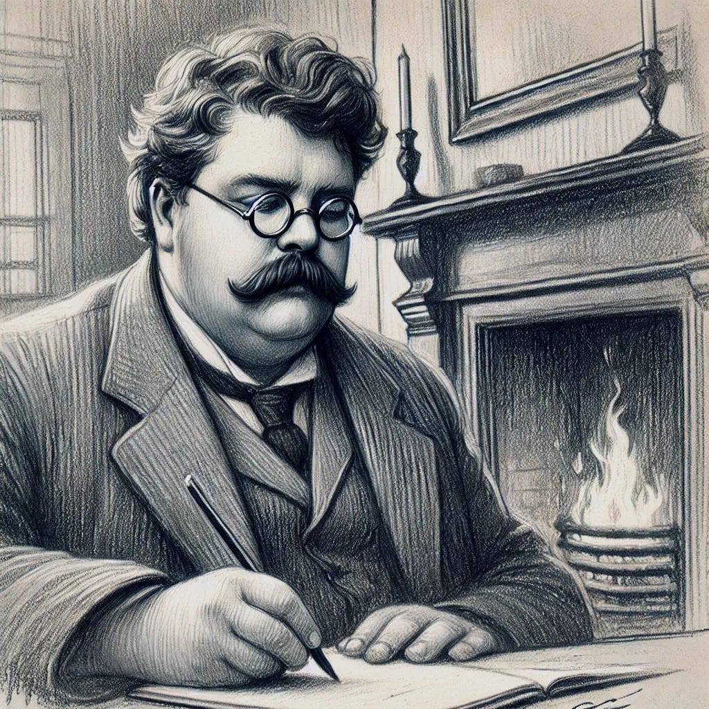 A pencil sketch of G.K. Chesterton, a man with a robust figure, round glasses, a thick mustache, and slightly unkempt hair. He is seated in front of a cozy fireplace, writing in a notebook placed on a desk. His pose is contemplative, and his expression shows deep thought. The background includes the fireplace with gentle flames and a simple mantle, creating a warm, intellectual atmosphere. The sketch focuses on the details of his face and the environment, retaining a classic pencil-drawn style.