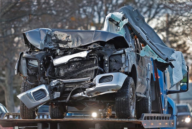 A pickup truck which crashed in Quincy at Hancock and Fenno Streets on Friday, January 3, 2025.