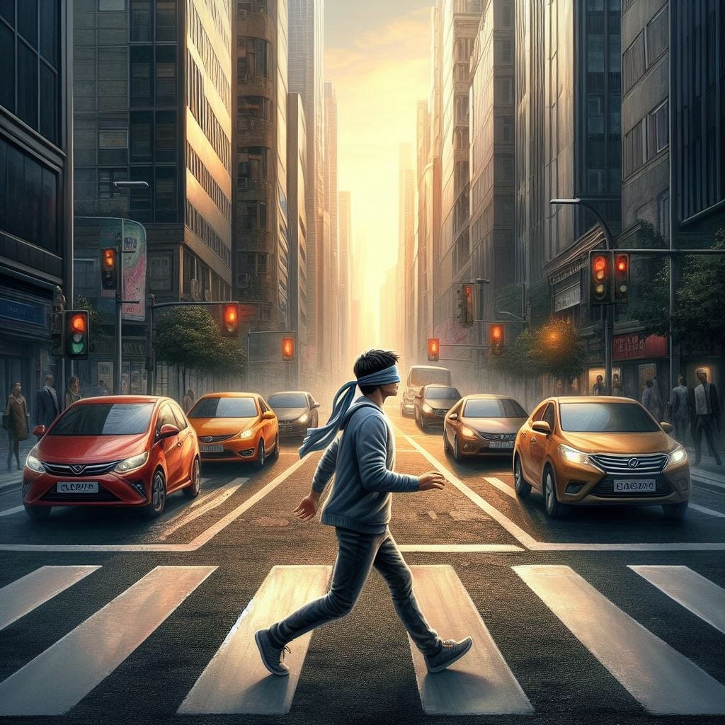 blindfolded crossing street with traffic from side, digital art