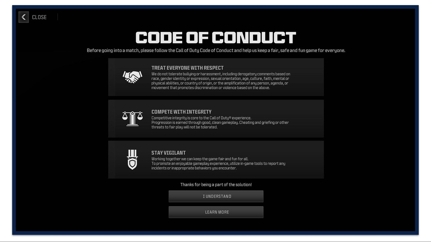 A screenshot of the Code of Conduct in Call of Duty, which is a set of guidelines governing player behavior.