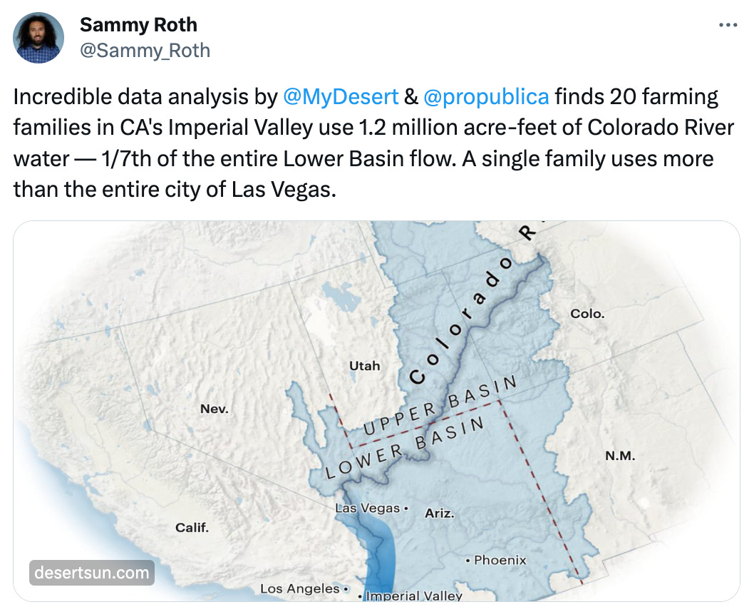  See new posts Conversation Sammy Roth @Sammy_Roth Incredible data analysis by  @MyDesert  &  @propublica  finds 20 farming families in CA's Imperial Valley use 1.2 million acre-feet of Colorado River water — 1/7th of the entire Lower Basin flow. A single family uses more than the entire city of Las Vegas.