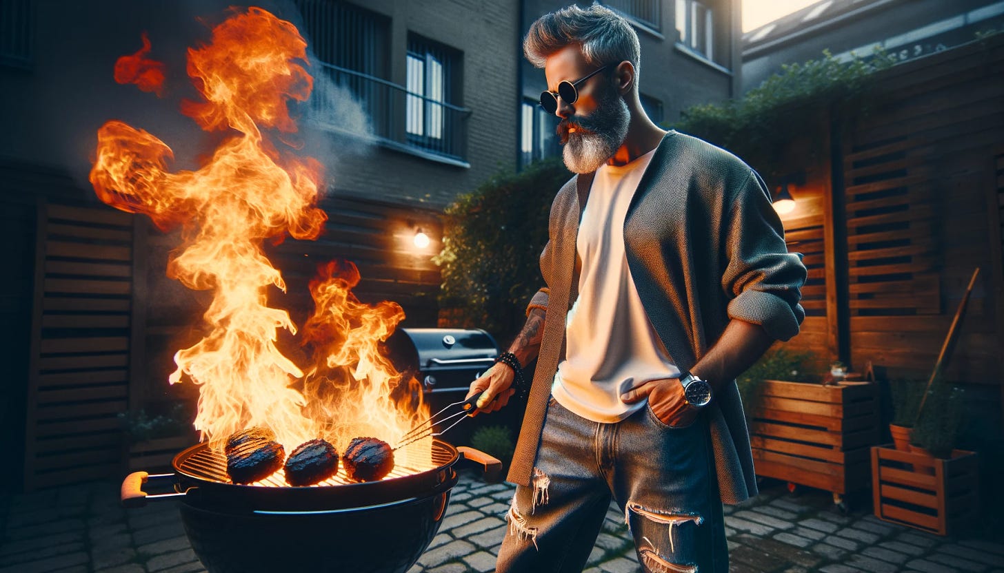 A stylish, middle-aged man with a full beard and a full head of hair is actively engaging in grilling, standing in front of a large charcoal grill that is emitting large, vibrant flames. He's dressed in modern streetwear, complete with trendy sunglasses, maintaining a cool and composed demeanor despite the dramatic fire. The scene is set in an urban backyard during twilight, highlighting the intense grilling action and the man's passion for barbecue. The image should be in a 16:9 aspect ratio, filled edge to edge without any borders, providing a wide view of the urban outdoor setting.
