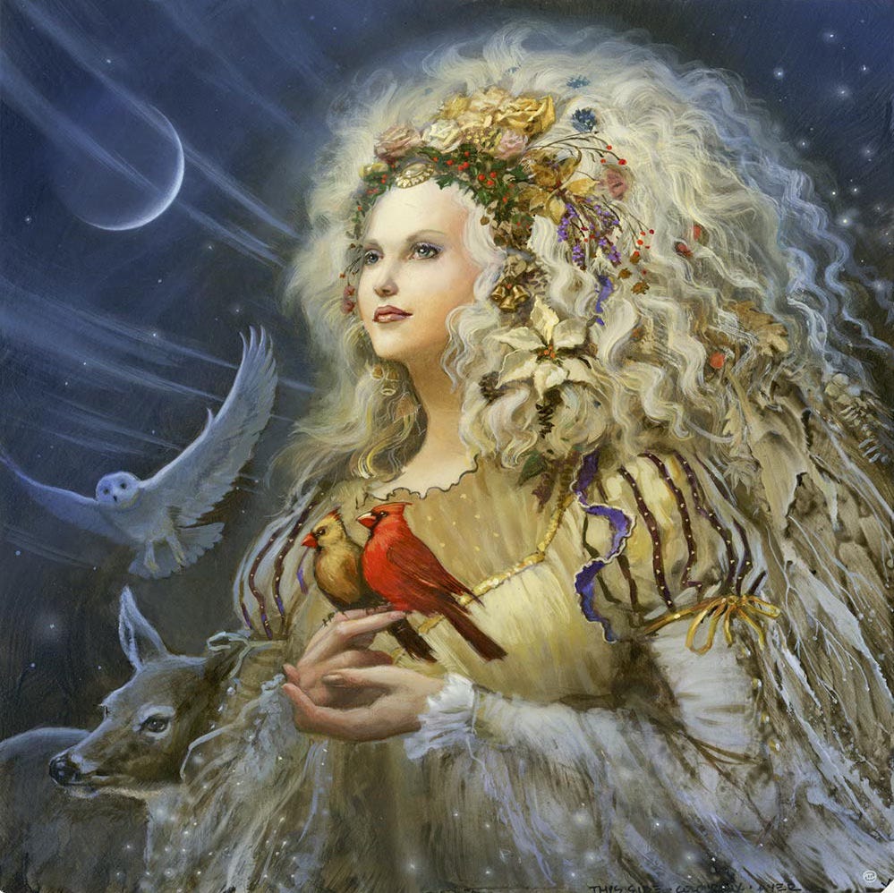 The painting in progress starts to take on a more finished look as traces of clouds radiate outward. The headdress is defined with florals and greenery contrasting the regal mane of white hair. Bells are placed as earrings. The fabric of the dress takes on a luminous gold tint and sparkles are added to the lace trailing down from the sleeves.