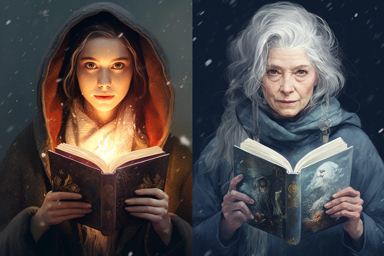 An illustration of two women. The woman on the left is young, with brown hair, wearing a brown, hooded cape. There is snow in the air and she is holding a book with a warm flame coming out of it. The woman on the right is older, with gray and white hair. She is wearing a soft bluish-gray coat with snow in the air around her. She is holding a book with fantastical pictures on its cover.