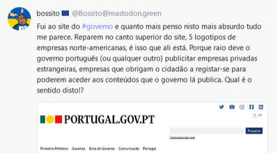 Screenshot of Mastodon user "bossito", including the front page of a Portuguese government site showing icons of Twitter, Youtube, Instagram, Facebook and Linkedin. The translation of the toot is given in the caption.