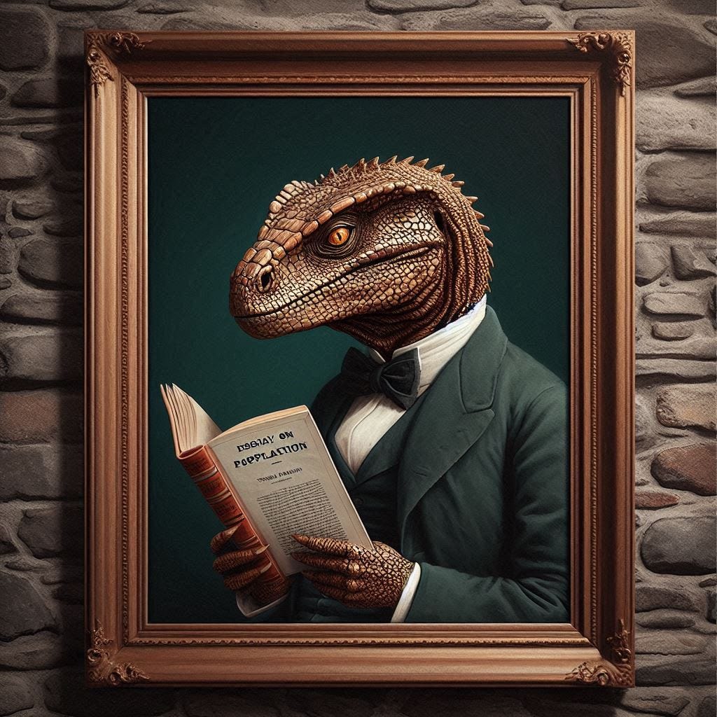 Framed classic Painting of Thomas Malthus as a Reptilian while reading a copy of the book "Essay on Population" 