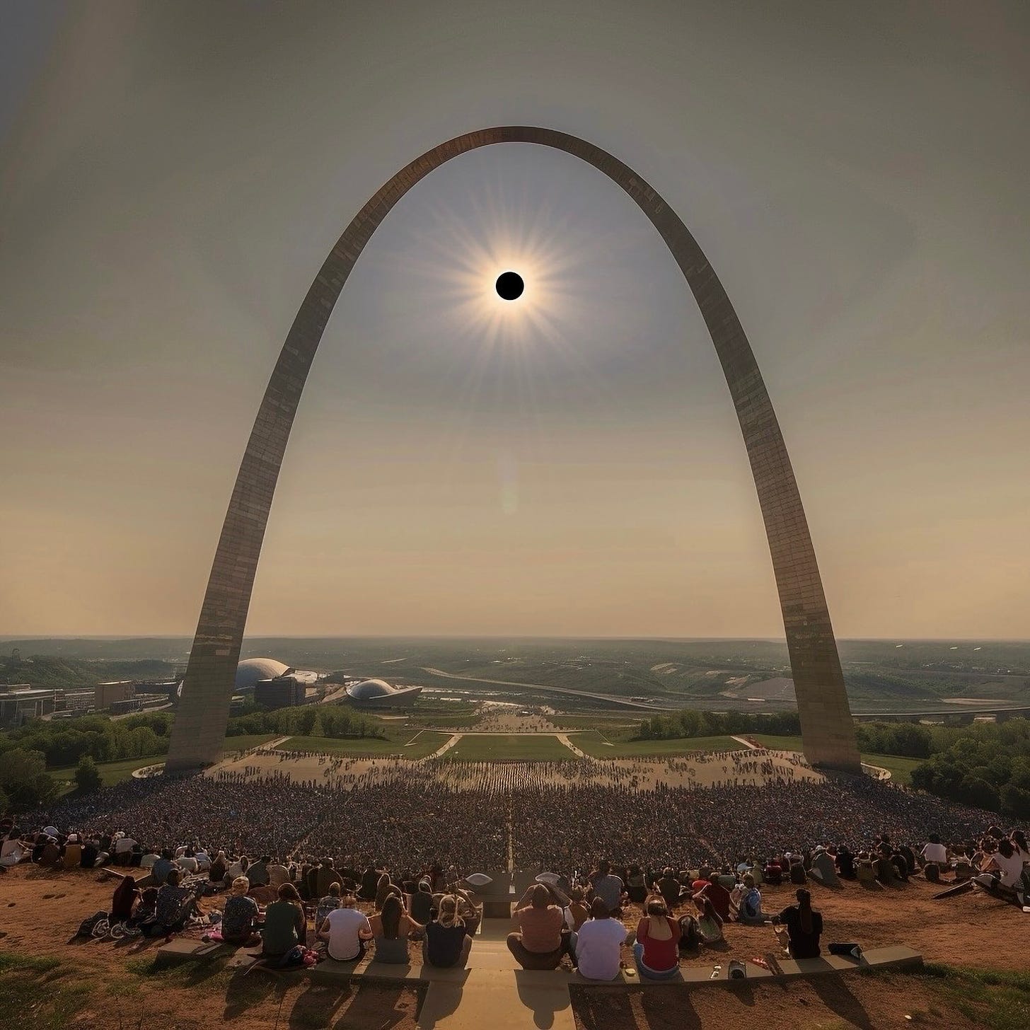 AI generated image of the Gateway Arch with a total eclipse behind it. This image is not real. Alhough it appears to be a photograph it is not.
