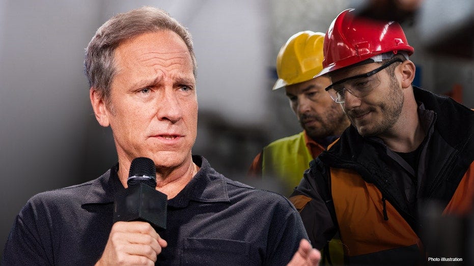 Mike Rowe speaking into microphone with a split image of workers with hard hats on in background