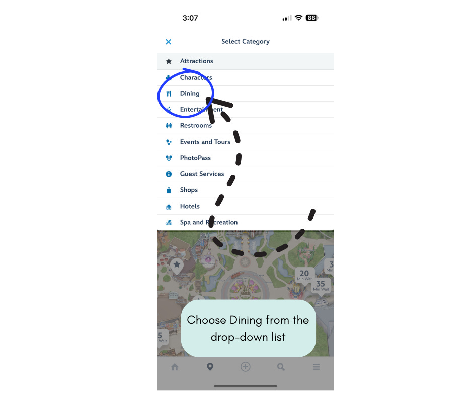 Disneyland app category drop-down list