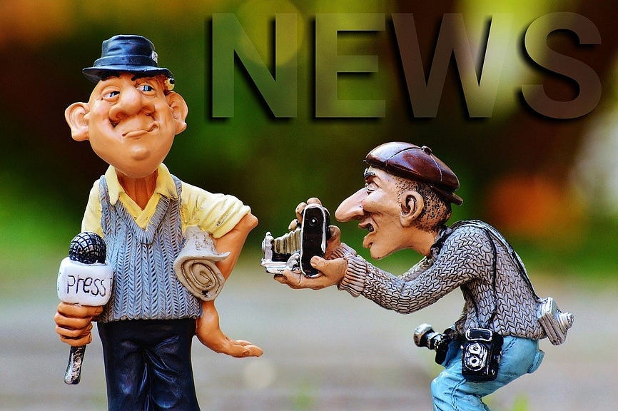 Clay characters — a goofy looking reporter and a camera man  (grammar police adjectives
