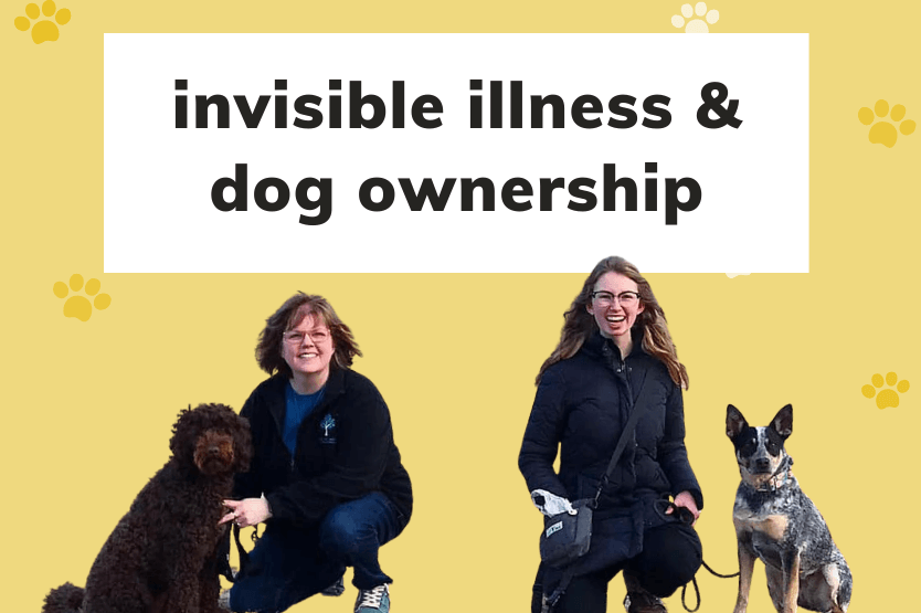 A photo cutout of two women crouching next to each other with their dogs sits atop a yellow background below the text "invisible illness & dog ownership"