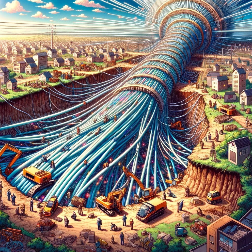 An elaborate and detailed anime-style drawing of a comically oversized fiber infrastructure being dug into the ground. The scene features gigantic fiber cables stretching out in multiple directions, being buried in massive trenches across an expansive landscape. Include numerous tiny anime-style workers and construction equipment, emphasizing the enormous scale and complexity of the operation. The fiber infrastructure is humorously large and intricate, symbolizing excessive investment in a product with little demand. The setting should show a mix of urban and rural areas, with the fiber cables extending far and wide in an exaggerated and whimsical manner.