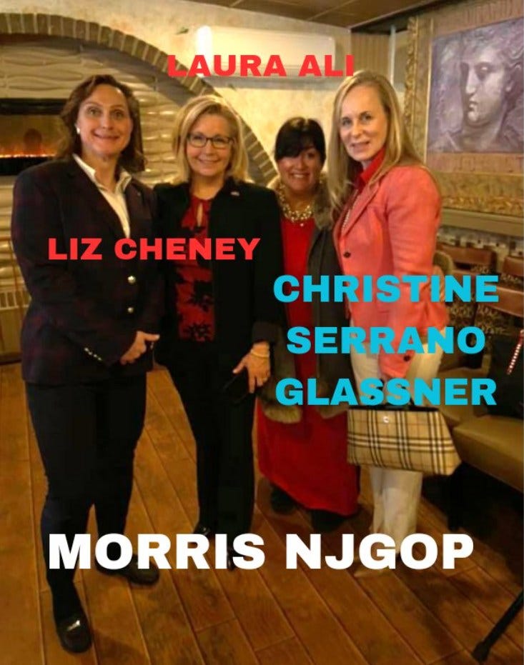 May be an image of 4 people and text that says 'LAURA ALI LIZ CHENEY CHRISTINE SERRANO GLASSNER MORRIS NJGOP'