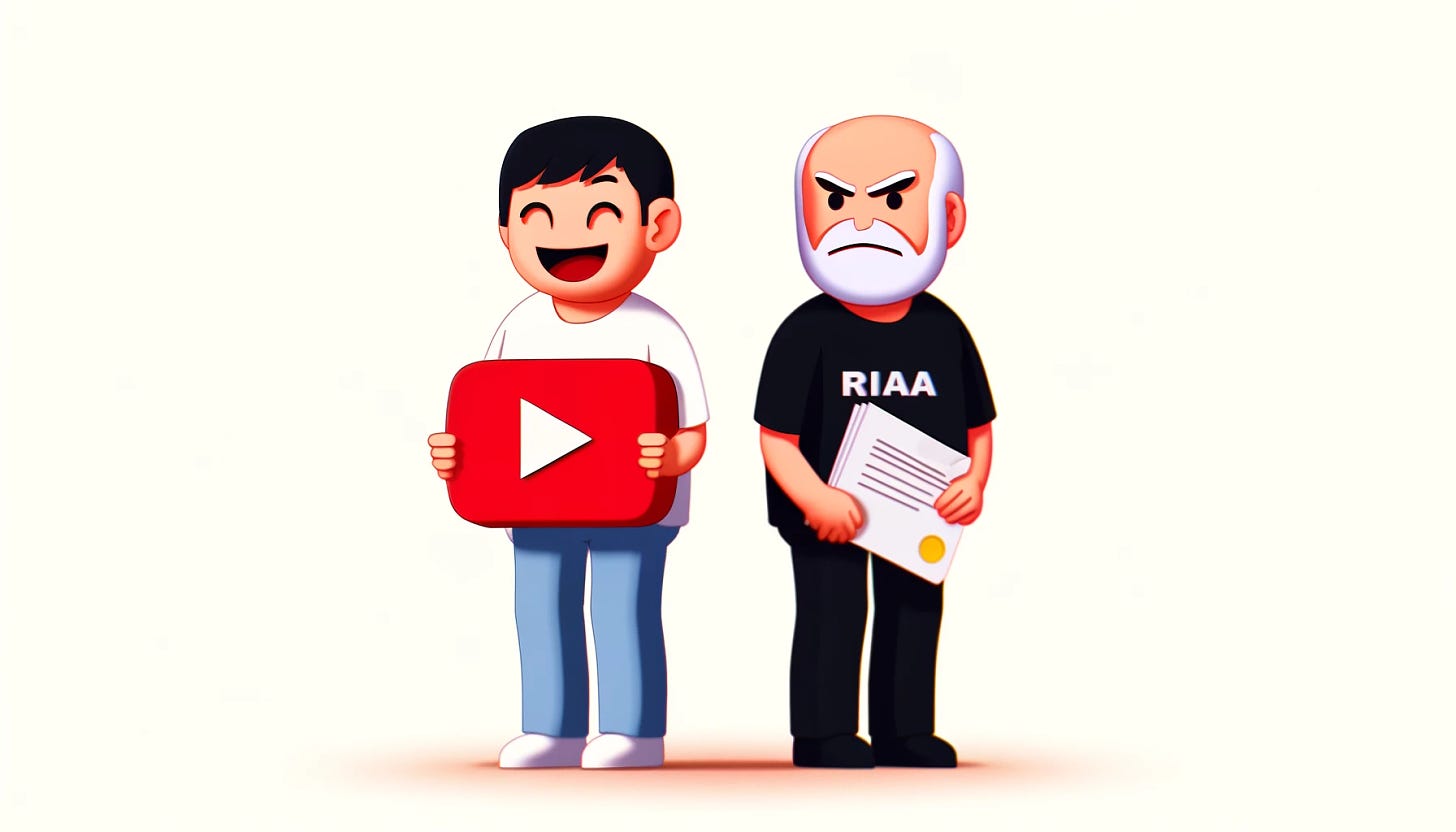 Two characters standing back to back, one representing YouTube and the other the RIAA (Recording Industry Association of America). The YouTube character is cheerful, with a smile and a relaxed posture, possibly wearing a t-shirt with the YouTube logo. The RIAA character looks annoyed, with a frown and a more rigid posture, perhaps holding a paper or legal document. The background is neutral to focus on the contrasting expressions and attitudes of the two characters.