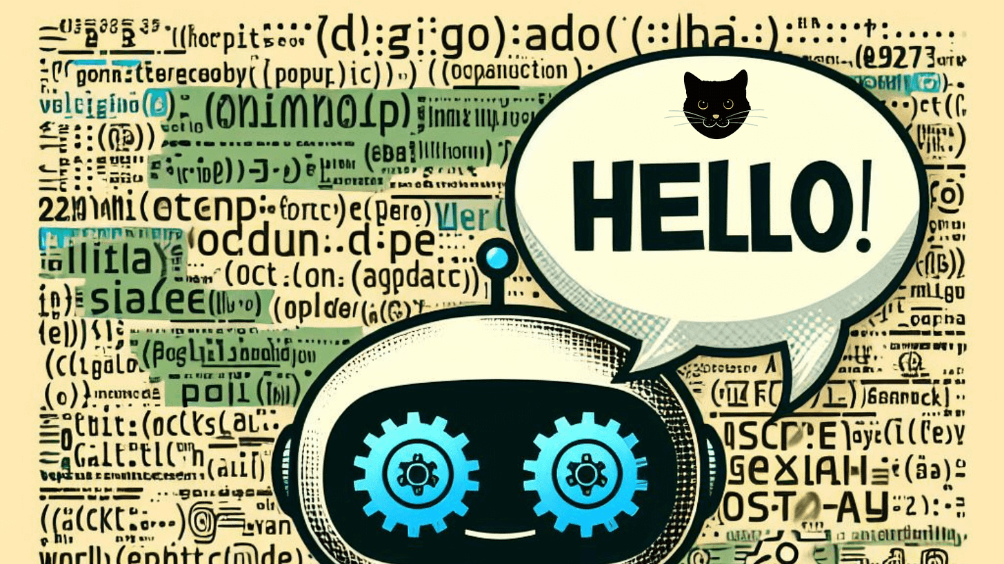Image of robot saying "Hello" and a cat face.