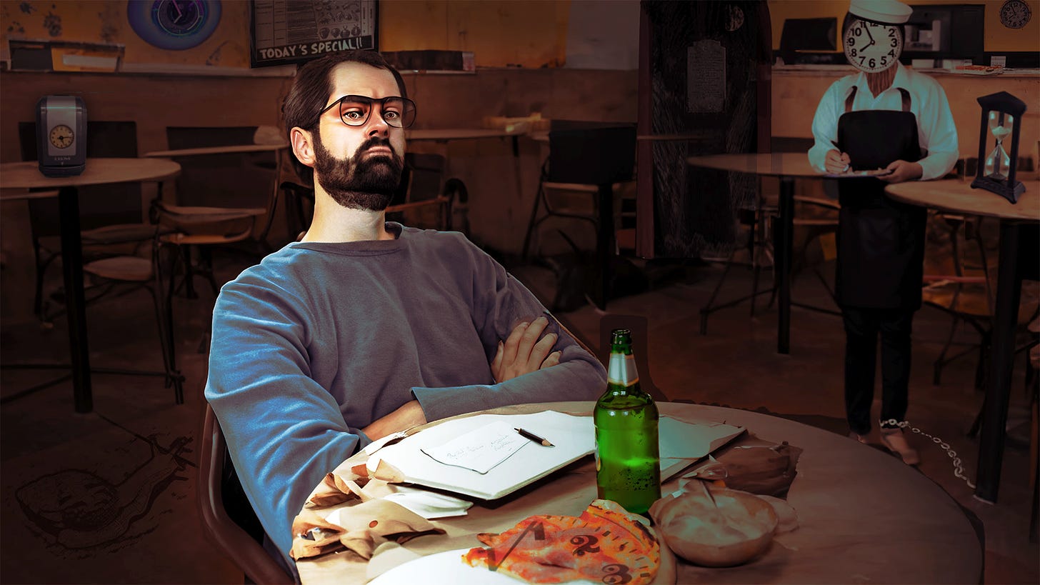 A bearded grad student with glasses sits at a table in a dimly lit pizza joint, arms crossed, looking frustrated or defiant. On the table are papers, a pen, a green bottle, and a partially visible clock face. The background shows empty chairs and tables. Various time-related objects are scattered throughout:  clocks on the walls, including one replacing a server's face in the background. A sign reading "TODAY'S SPECIAL" is visible. Hidden in the shadows are additional clocks, an hourglass, and what appears to be a chain, possibly symbolizing the feeling of being trapped by time. The overall atmosphere is tense and surreal, emphasizing themes of time pressure and writer's block in a cluttered, time-obsessed environment.