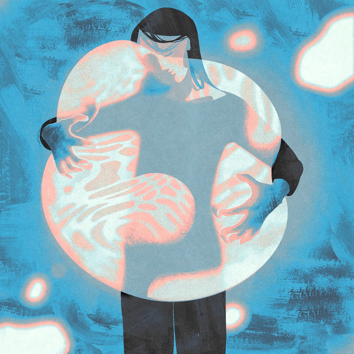 Abstract illustration of a person with long dark hair holding a glowing, organic shape that resembles a swirling fingerprint or cellular form. The figure appears partially transparent, blending into the background of textured blue tones and floating light shapes. The embrace suggests tenderness, introspection, or connection with something mysterious and fluid. Abstract illustration of a person with long dark hair holding a glowing, organic shape that resembles a swirling fingerprint or cellular form. The figure appears partially transparent, blending into the background of textured blue tones and floating light shapes. The embrace suggests tenderness, introspection, or connection with something mysterious and fluid.