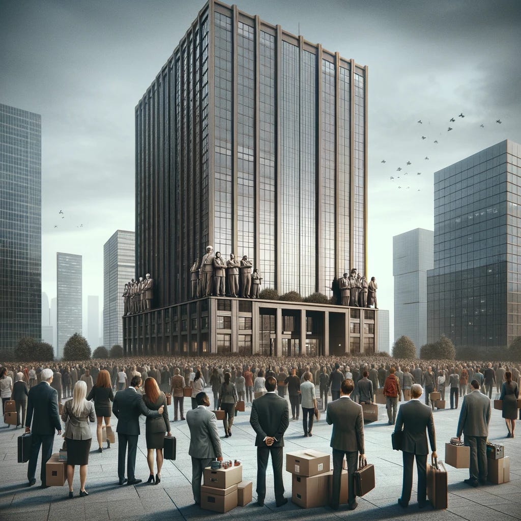 A poignant scene outside a skyscraper, showing hundreds of employees being let go from a company. The skyscraper is imposing, symbolizing the corporate world. Employees, diverse in gender and ethnicity, are leaving the building with boxes of personal belongings, reflecting a mass layoff. Some are consoling each other, while others look somber and reflective. The atmosphere is subdued and slightly melancholic, with gray overtones in the sky. This image captures the emotional impact of cost-cutting measures in a corporate setting.