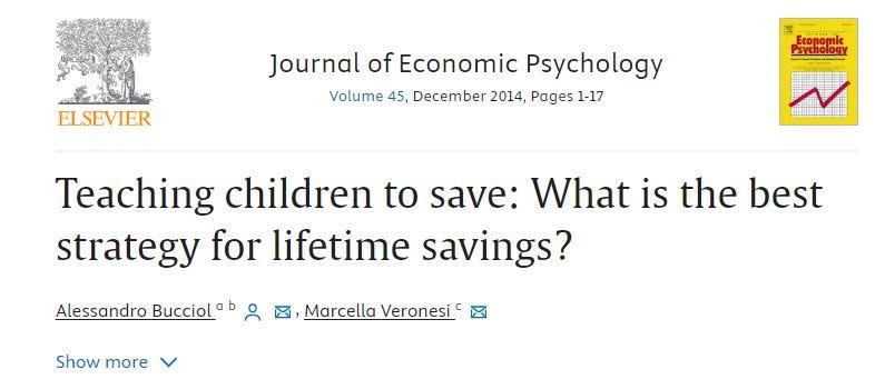 May be an image of text that says 'ELSEVIER Journal of Economic Psychology Volume 45, December 2014, Pages 1-17 Fronoml பத்ன Teaching children to save: What is the best strategy for lifetime savings? Alessandro Bucciol Show more Marcella Veronesi'