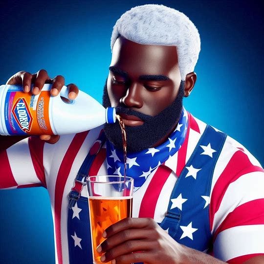A brown American drinking from a bottle of clorox. Afbeelding 4 van 4