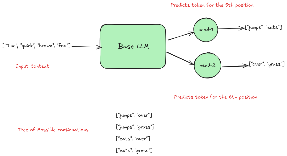 Illustration of how speculative decoding works in the Medusa architecture with two prediction heads. Both the heads receive the embedding output from the last hidden layer of the base LLM. The first head predicts two candidates for the immediate next token, while the second head produces the top two candidates for the subsequent token. Combining these predictions results in four possible continuations that need to be validated