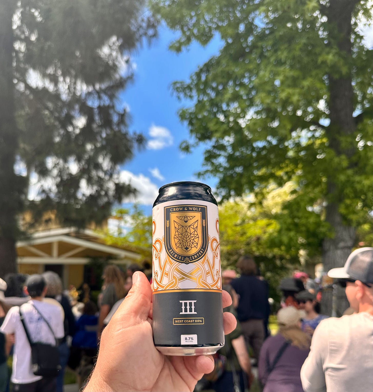 A can of West Coast IPA in the sun with people gathered in the background and blue sky/