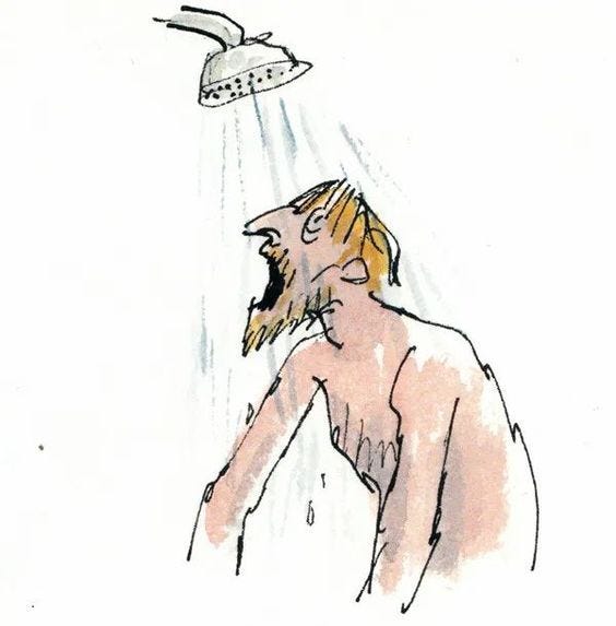 This may contain: a drawing of a man standing under a shower head