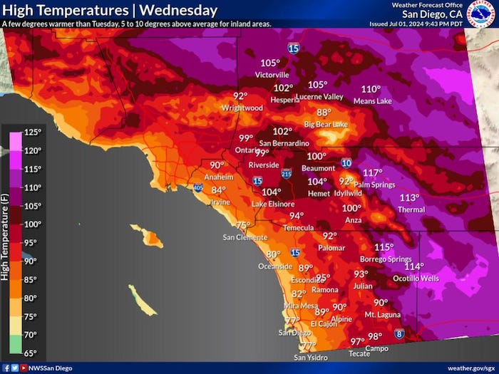 The National Weather Service of San Diego has issued heat warnings and surf advisories as a heatwave pummels the region and state over the next week. Experts urge caution, hydration and staying indoors when possible. Courtesy image